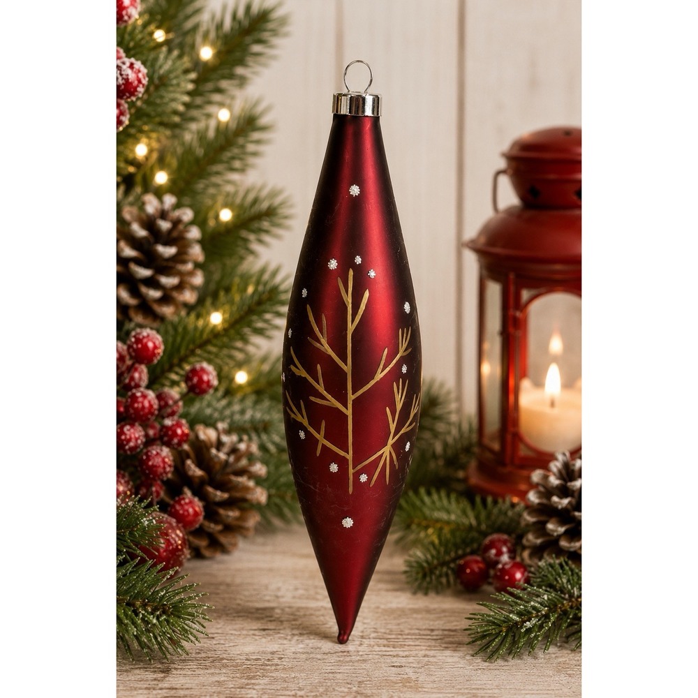 Holiday Time Set of 4 Red Glass Finial Icicle Christmas Ornaments Snowflakes